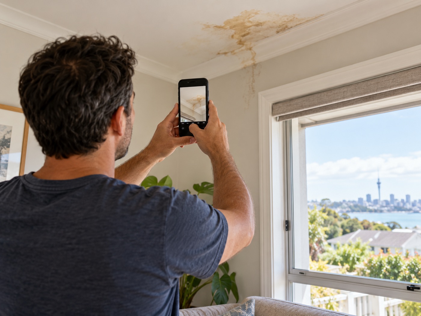 Illustration of a homeowner photographing a ceiling water stain for a quote request