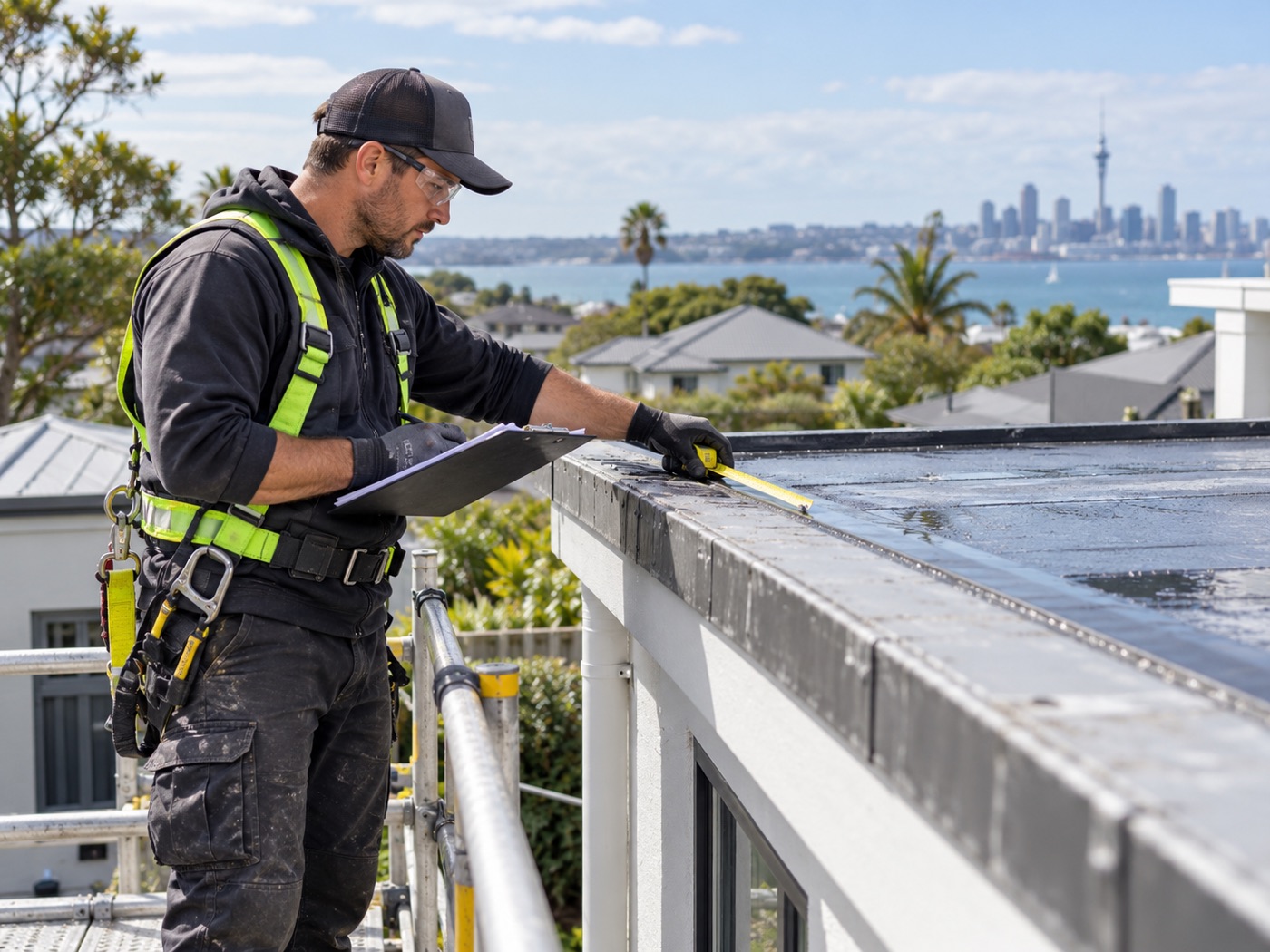 Illustration of a waterproofing tradesperson measuring and inspecting a roof edge