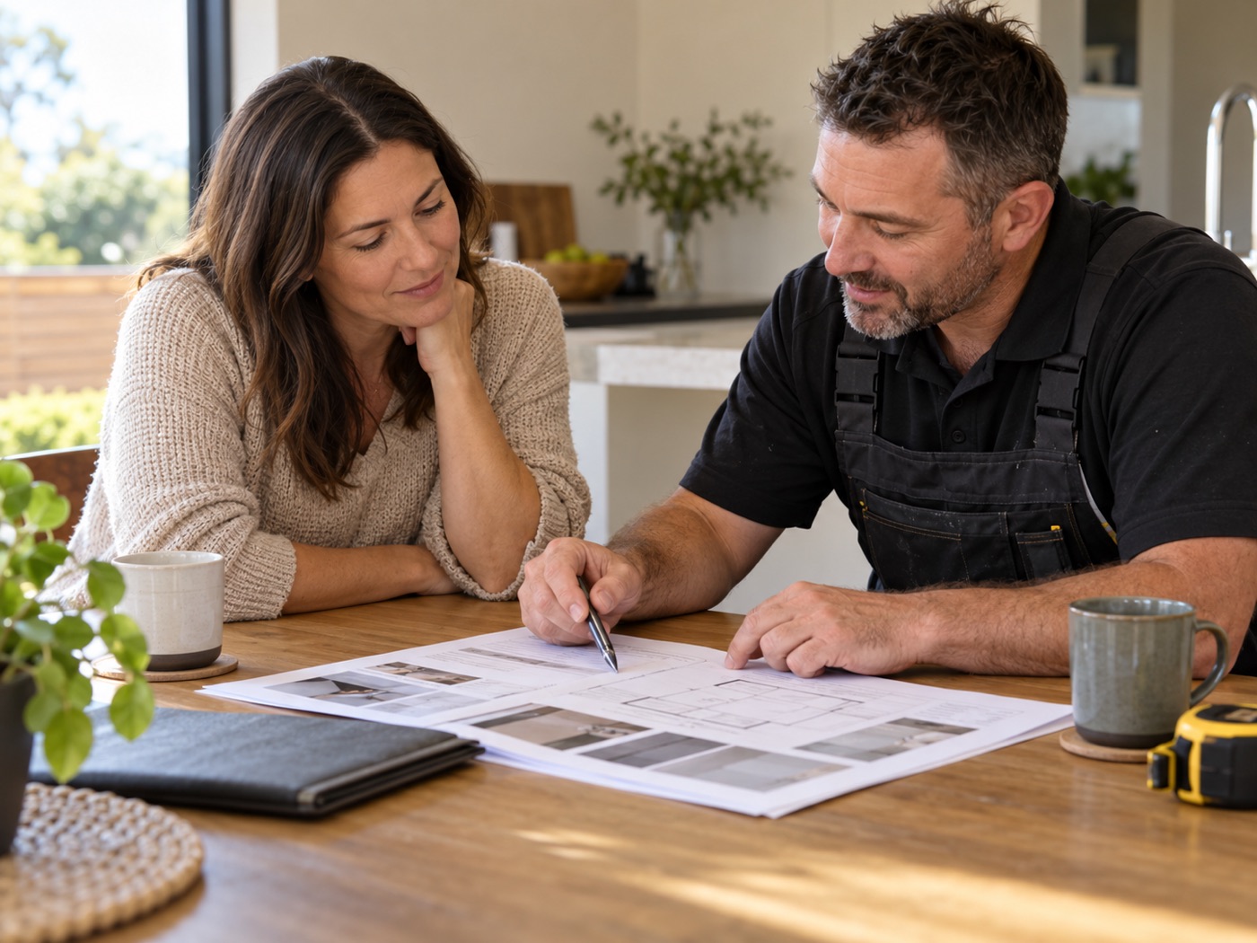 Illustration of a homeowner and tradesperson reviewing a written scope together