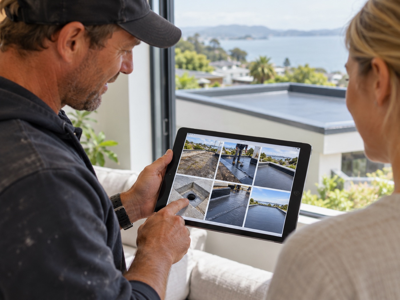 Illustration of a tradesperson showing documented roof-work photos to a homeowner